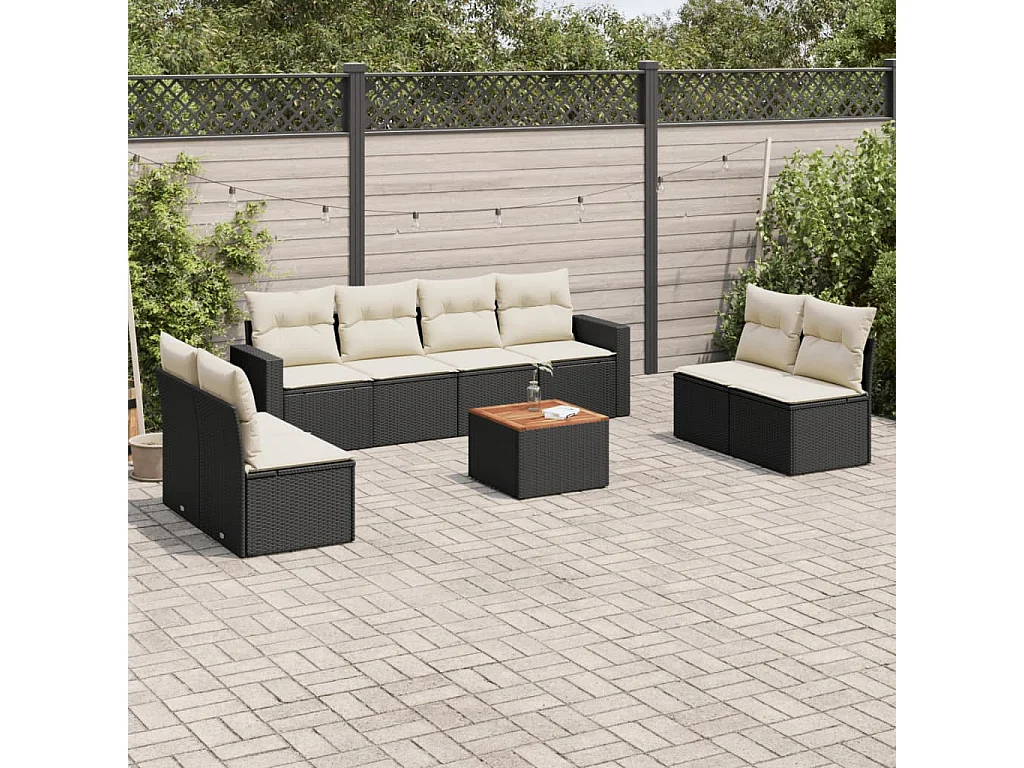 Salon de jardin 9 pcs avec coussins noir résine tressée