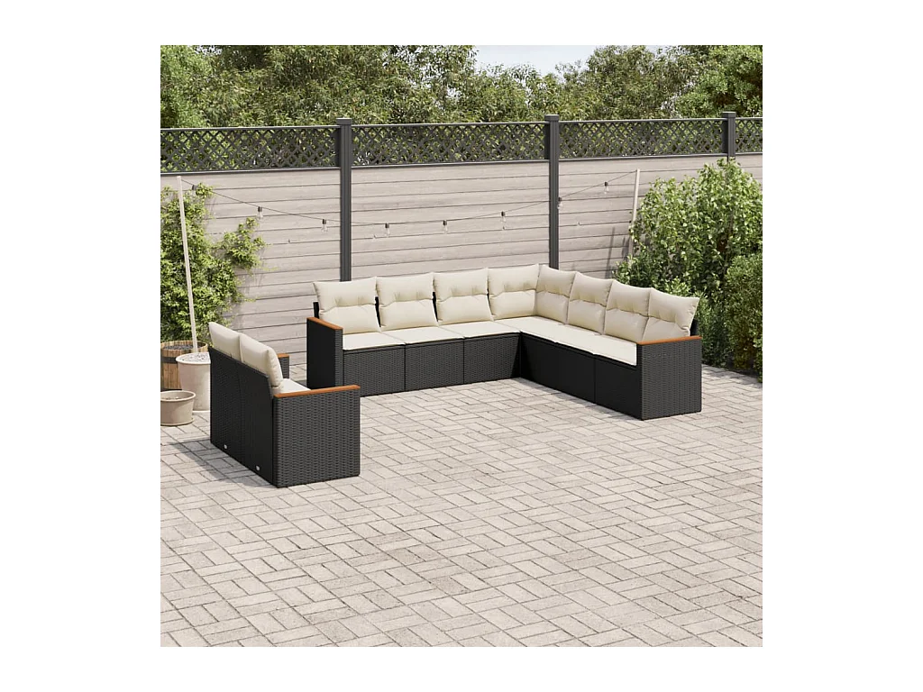 Salon de jardin 9 pcs avec coussins noir résine tressée