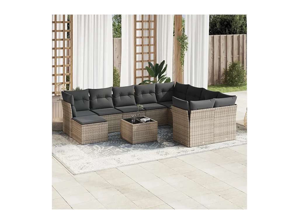 Salon de jardin 11 pcs avec coussins gris résine tressée