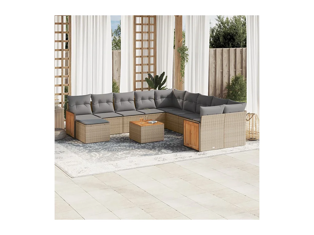 Salon de jardin avec coussins 12 pcs beige résine tressée