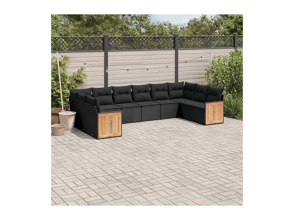 Set Divani da Giardino 10pz con Cuscini in Polyrattan Nero