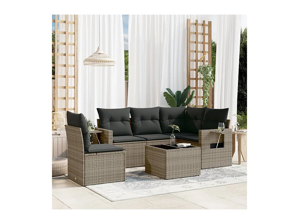 Salon de jardin 6 pcs avec coussins gris résine tressée