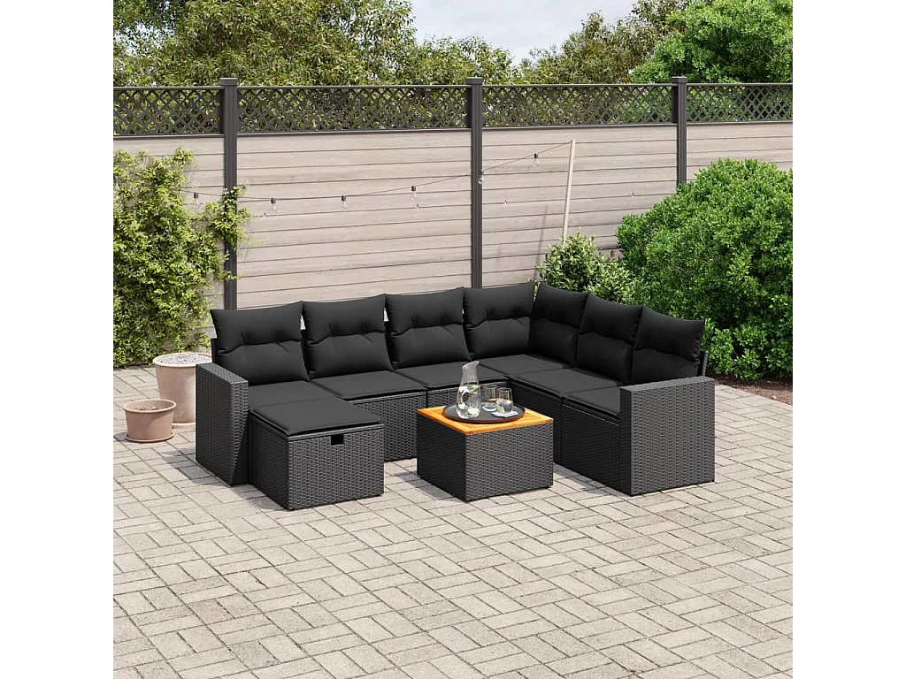 Salon de jardin 8 pcs avec coussins noir résine tressée