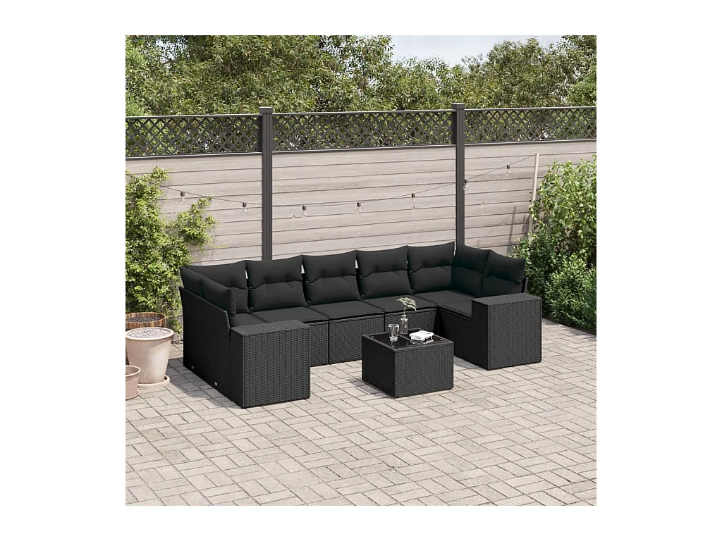 Salon de jardin 8 pcs avec coussins noir résine tressée