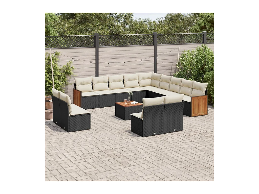 Salon de jardin avec coussins 14 pcs noir résine tressée