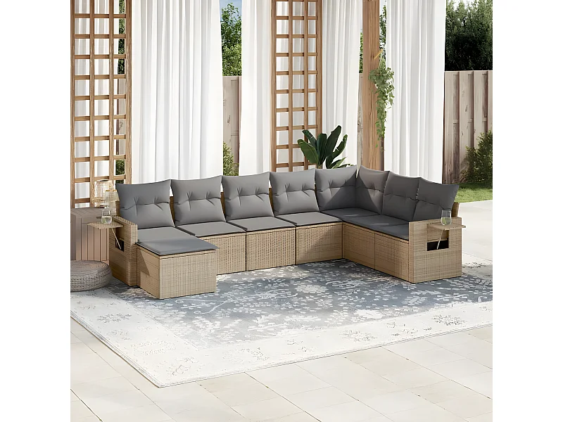 Set Divano da Giardino 8 pz con Cuscini Beige in Polyrattan