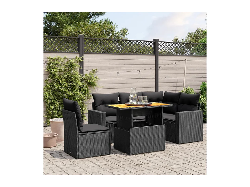 Salon de jardin 6 pcs avec coussins noir résine tressée