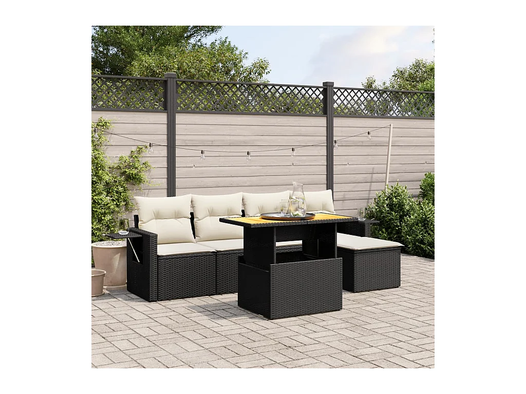 Set de sofás de jardín 6 piezas y cojines ratán sintético negro