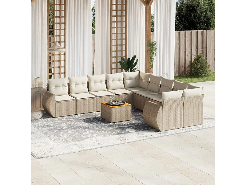 11-tlg. Garten-Sofagarnitur mit Kissen Beige Poly Rattan