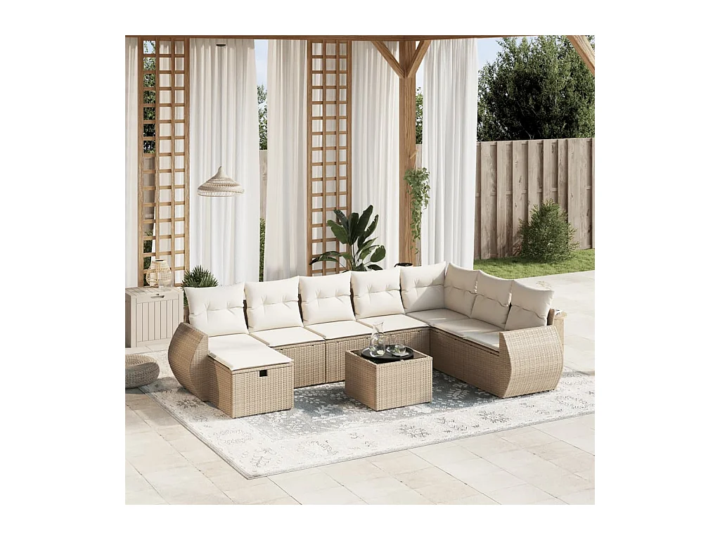 9 pcs conjunto de sofás p/ jardim com almofadões vime PE bege