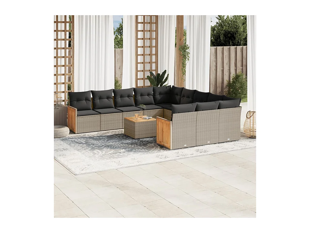 12-delige Loungeset met kussens poly rattan grijs