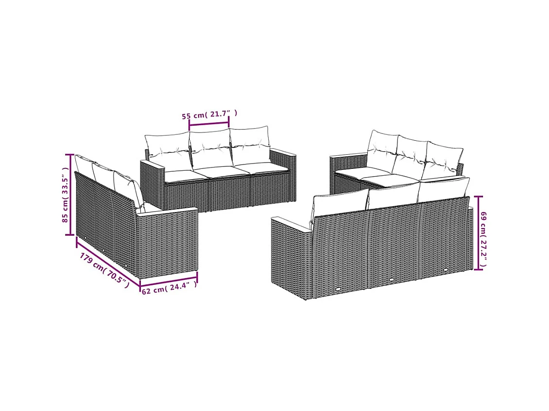 Salon de jardin avec coussins 12 pcs gris résine tressée