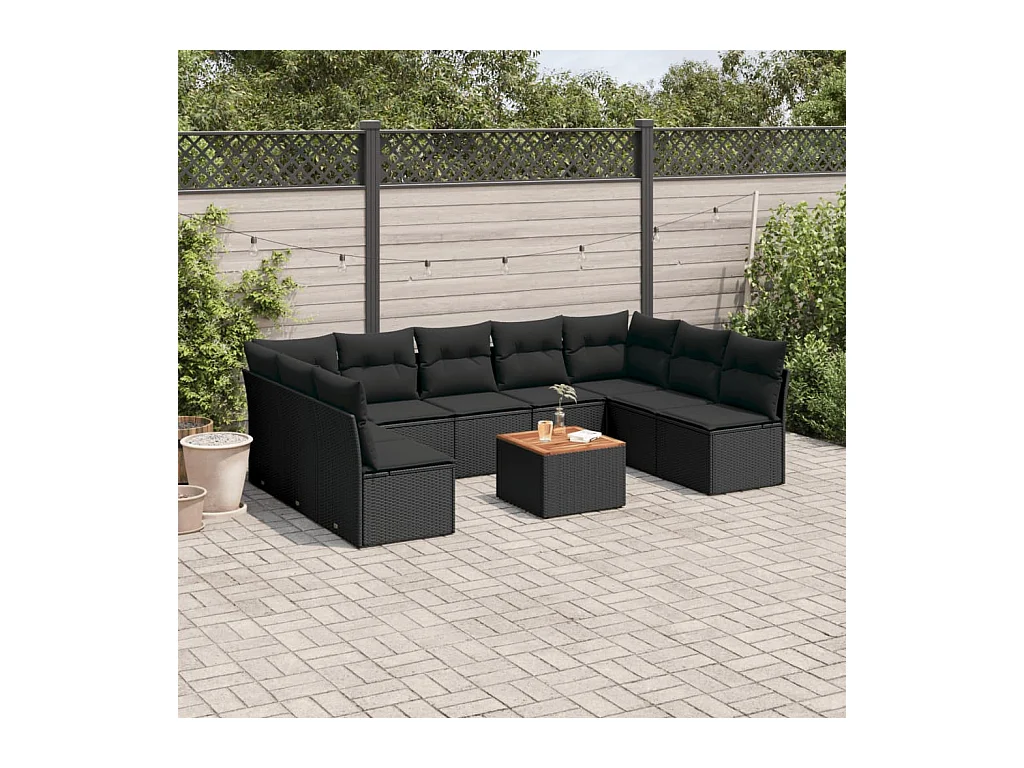 Salon de jardin 10 pcs avec coussins noir résine tressée