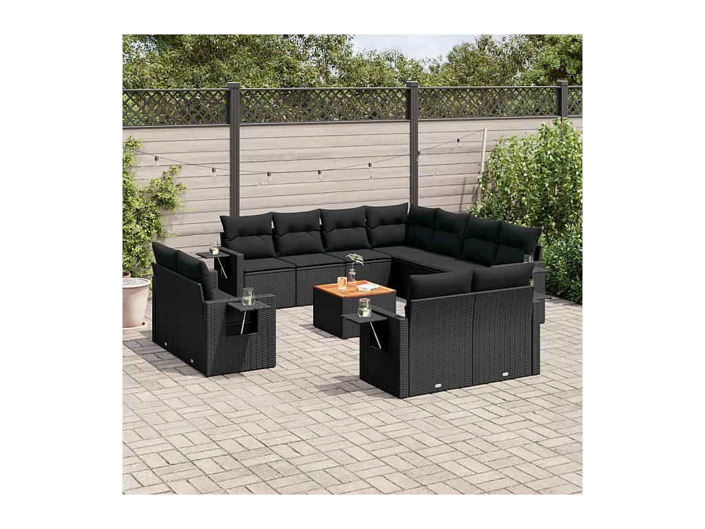 Salon de jardin 12 pcs avec coussins noir résine tressée
