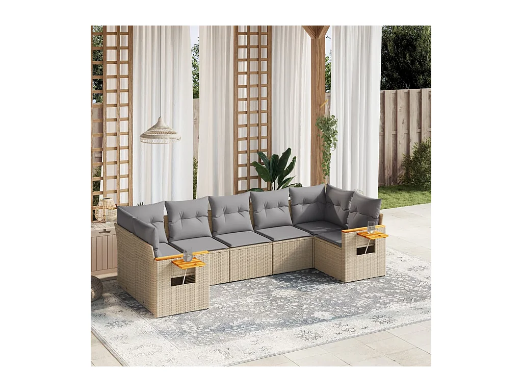 Salon de jardin avec coussins 7 pcs beige résine tressée