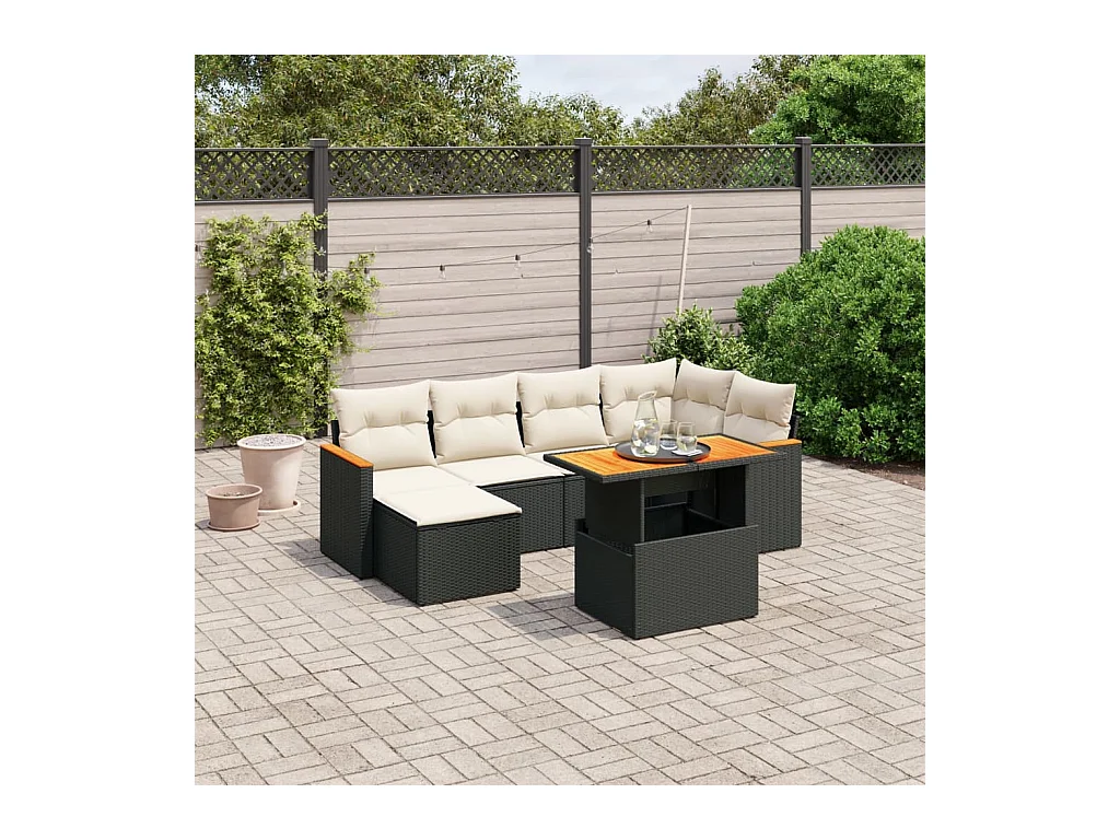 Salon de jardin 7 pcs avec coussins noir résine tressée