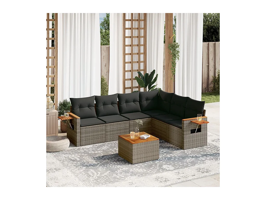 Set Divani da Giardino 7 pz con Cuscini Grigio in Polyrattan