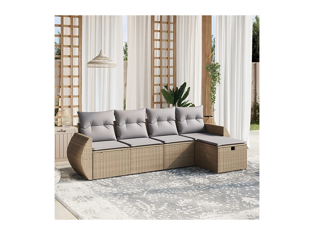 Set Divano da Giardino 5 pz con Cuscini Beige Misto Polyrattan