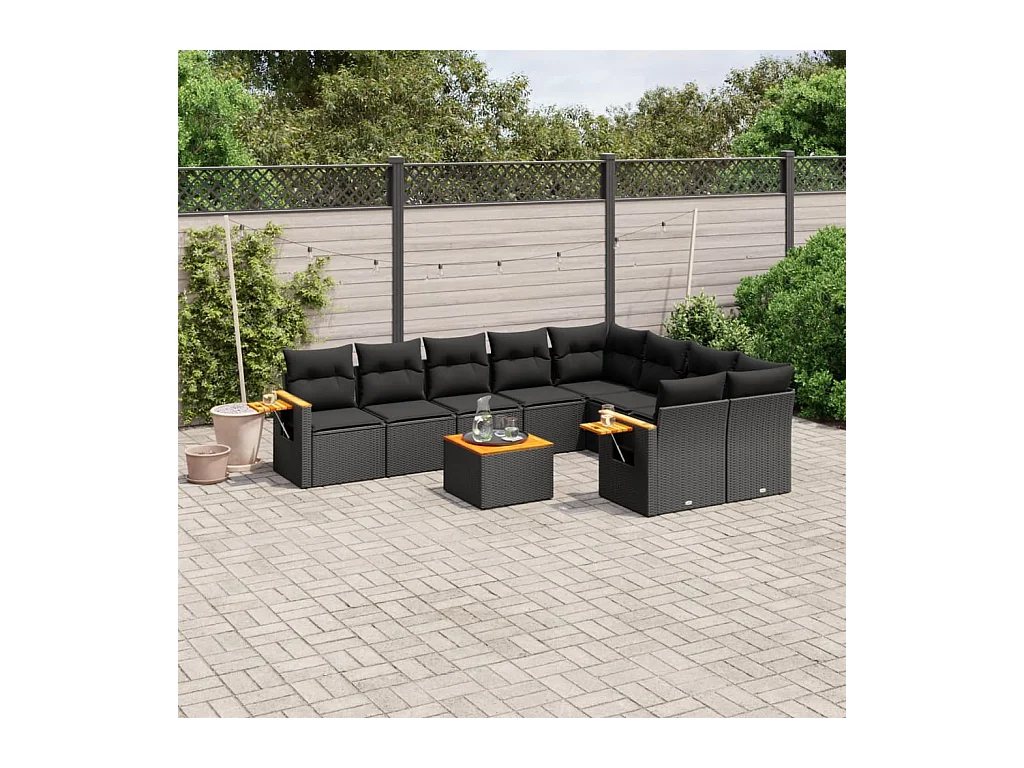 Salon de jardin 10 pcs avec coussins noir résine tressée