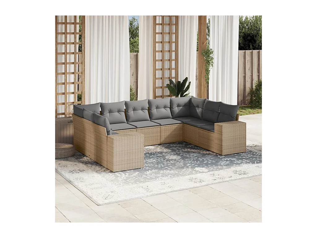 Salon de jardin avec coussins 9 pcs beige résine tressée