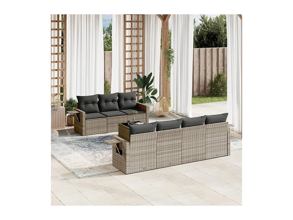 8-delige Loungeset met kussens poly rattan grijs