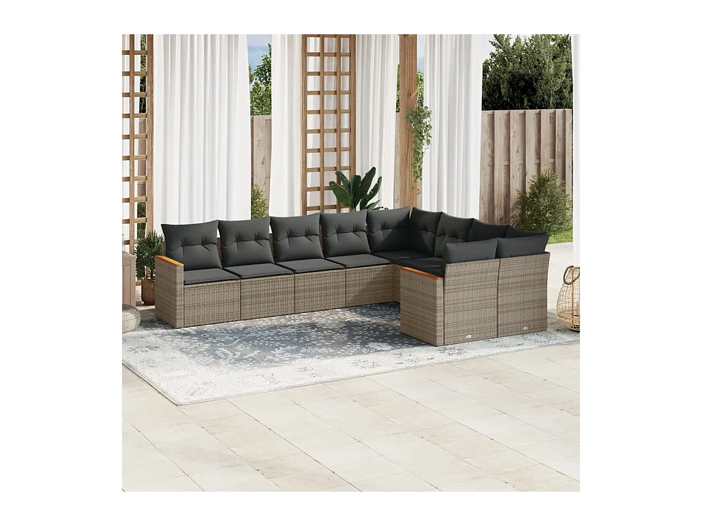 9-delige Loungeset met kussens poly rattan grijs