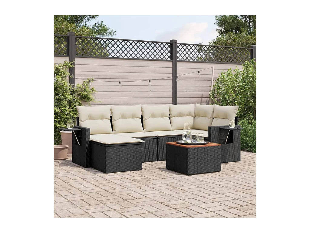 Salon de jardin 7 pcs avec coussins noir résine tressée