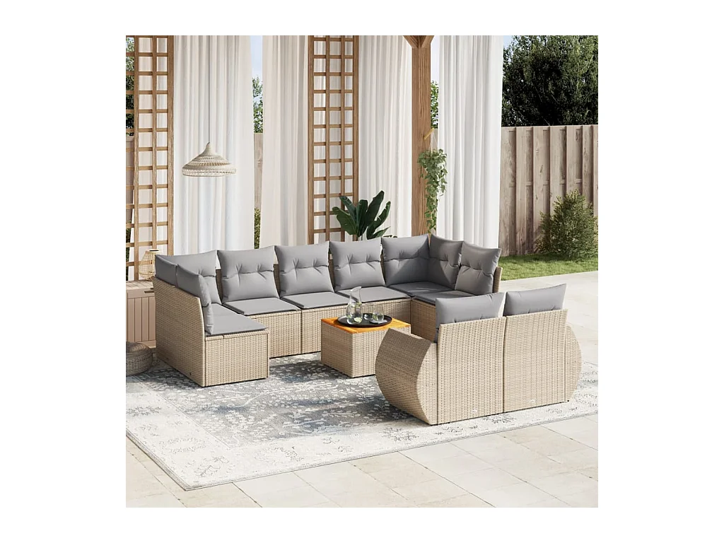 10-tlg. Garten-Sofagarnitur mit Kissen Beige Poly Rattan