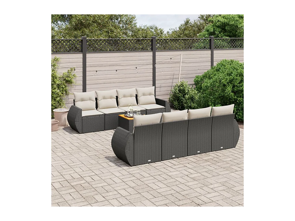 Salon de jardin 9 pcs avec coussins noir résine tressée