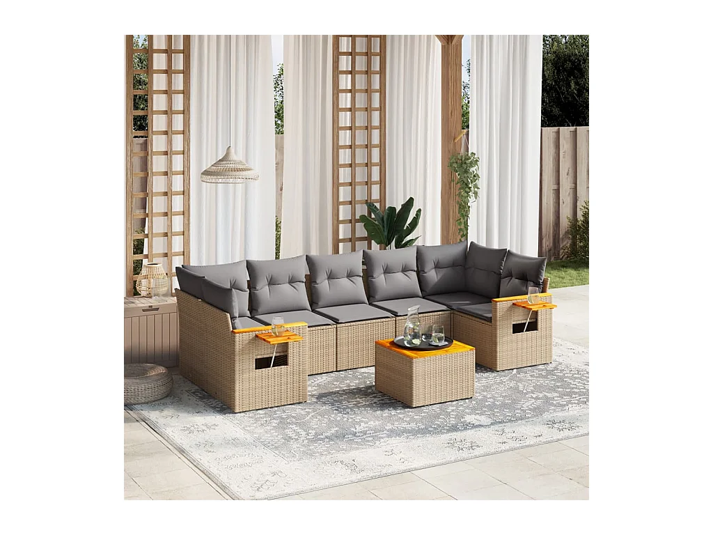 8-delige Loungeset met kussens poly rattan beige