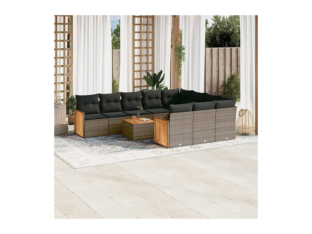 11-tlg. Garten-Sofagarnitur mit Kissen Grau Poly Rattan