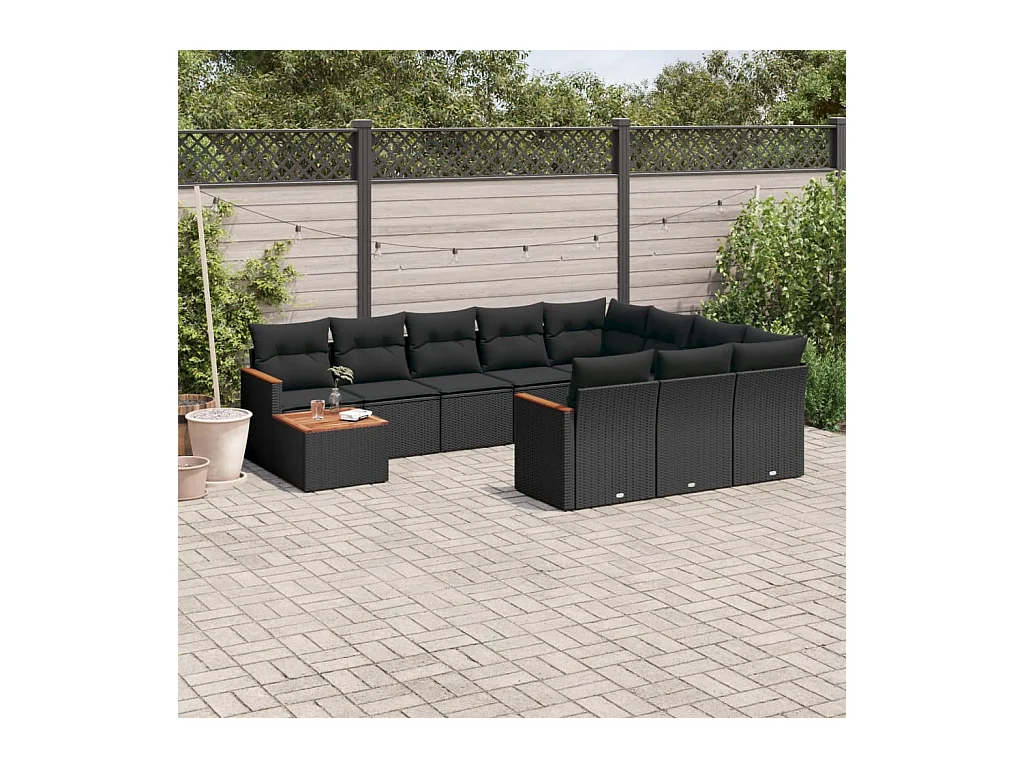 Salon de jardin 11 pcs avec coussins noir résine tressée