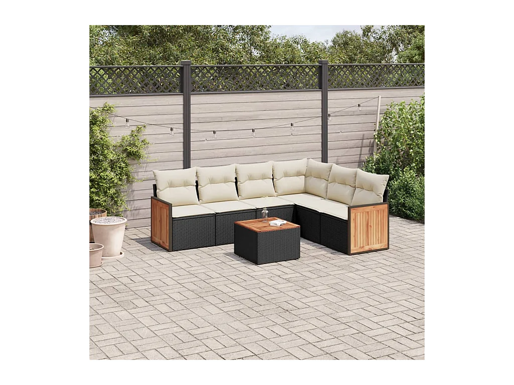 Set de comedor de jardín 7 pzas y cojines ratán sintético negro