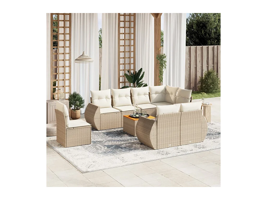 Set de sofás de jardín 9 pzas con cojines ratán sintético beige