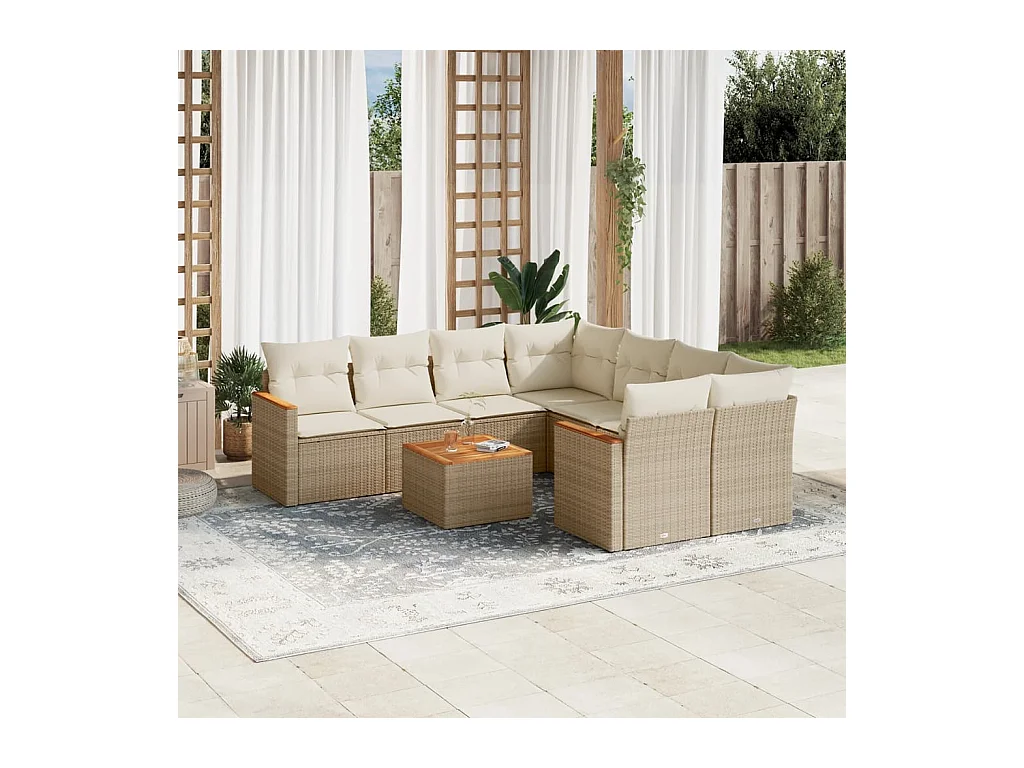 Salon de jardin avec coussins 9 pcs beige résine tressée