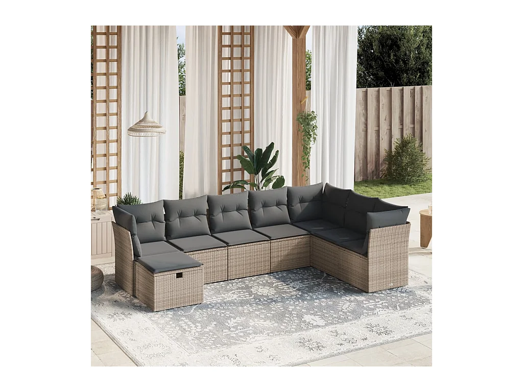 8-tlg. Garten-Sofagarnitur mit Kissen Grau Poly Rattan