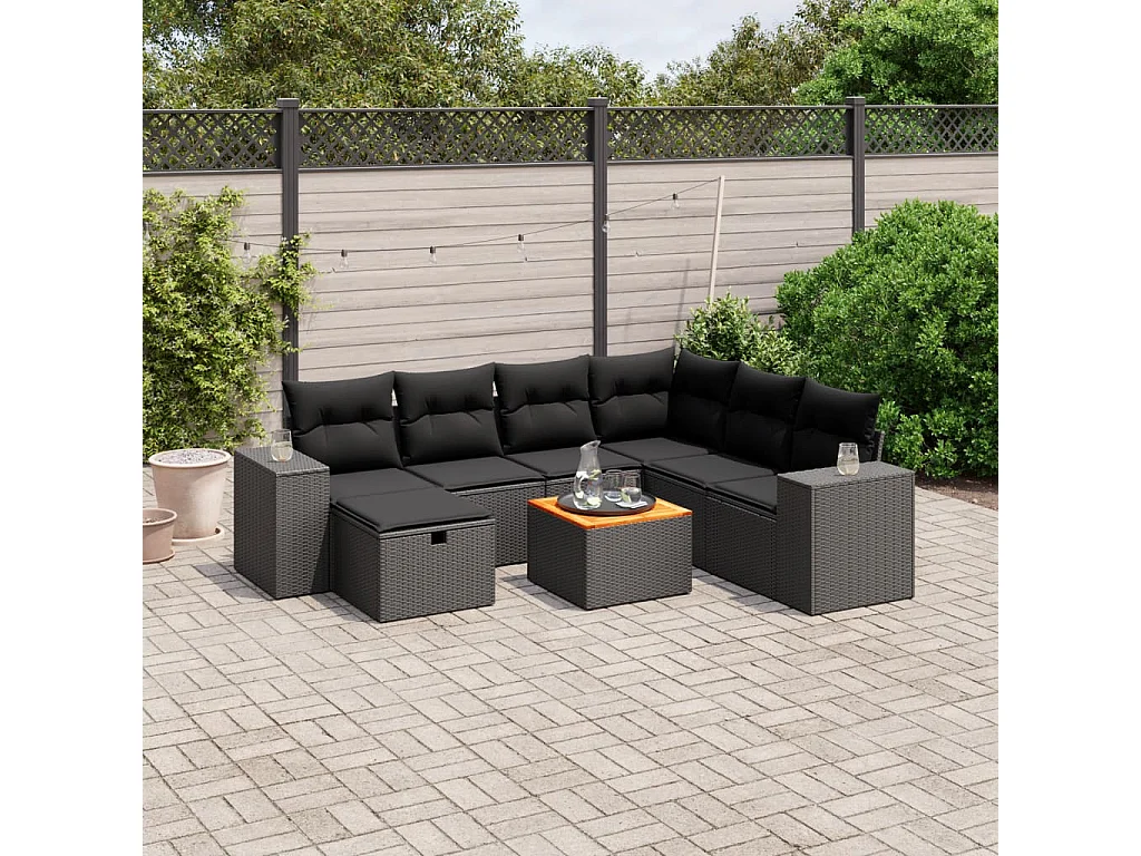 Salon de jardin 8 pcs avec coussins noir résine tressée
