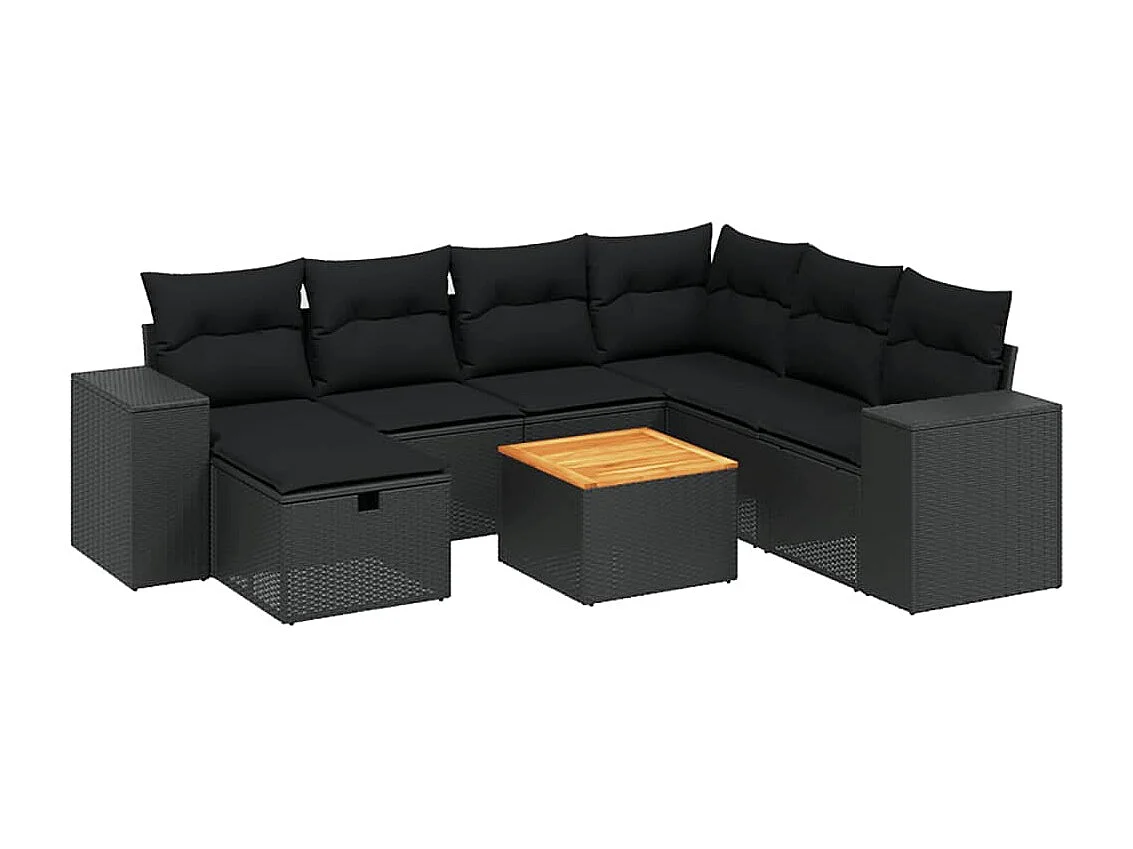 Salon de jardin 8 pcs avec coussins noir résine tressée