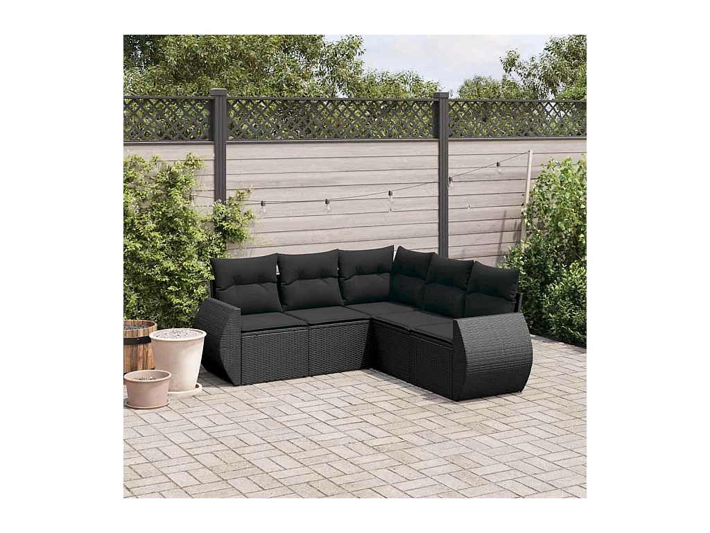 5-delige Loungeset met kussens poly rattan zwart