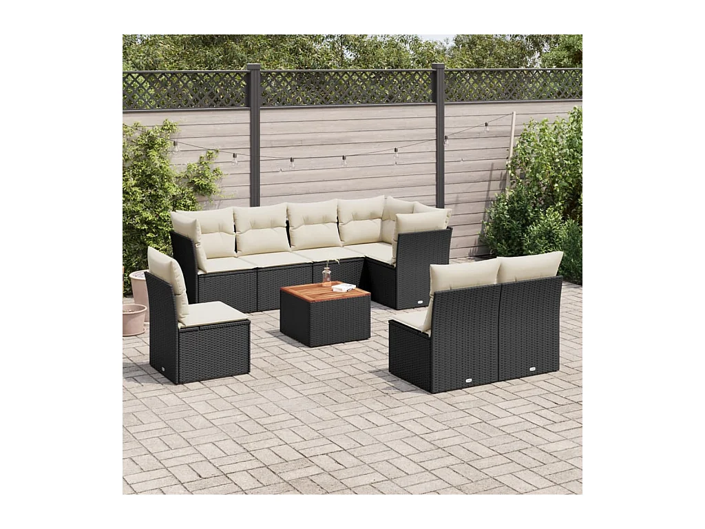 Salon de jardin 9 pcs avec coussins noir résine tressée