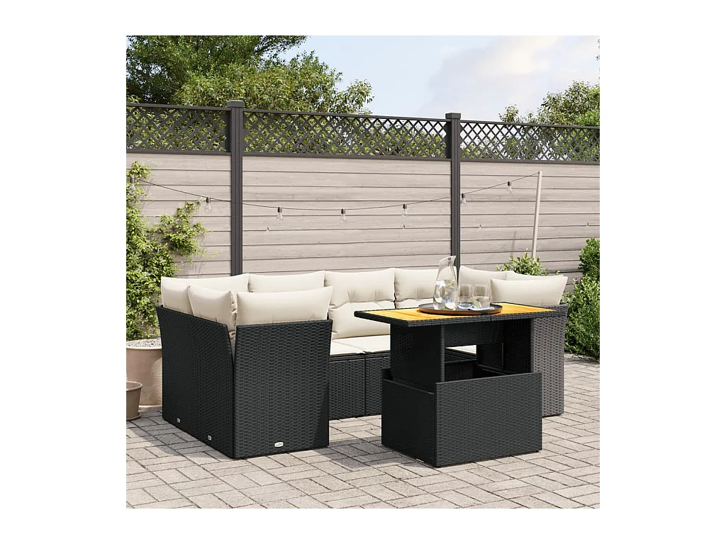 7-delige Loungeset met kussens poly rattan zwart
