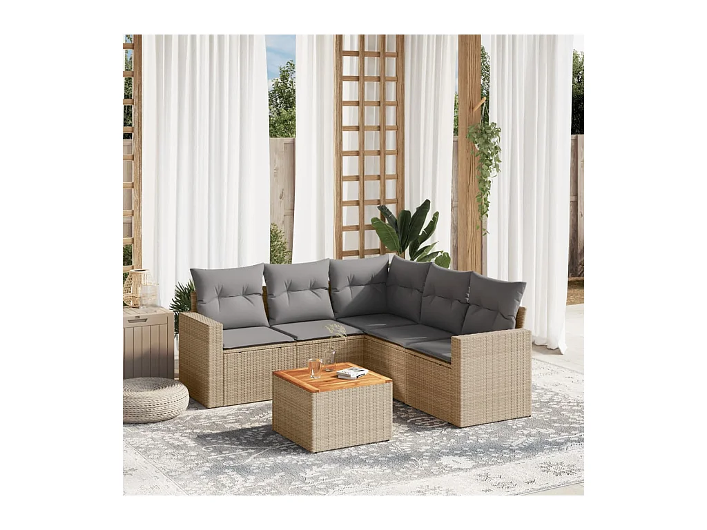 6-delige Loungeset met kussens poly rattan gemengd beige