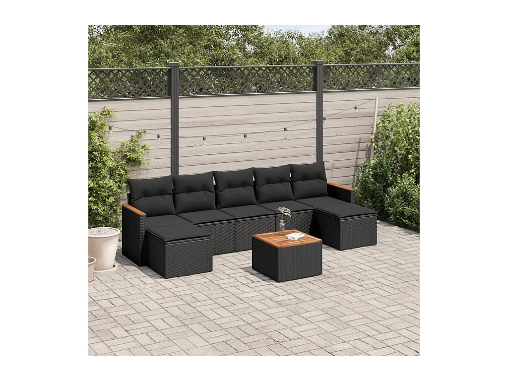 Salon de jardin 8 pcs avec coussins noir résine tressée