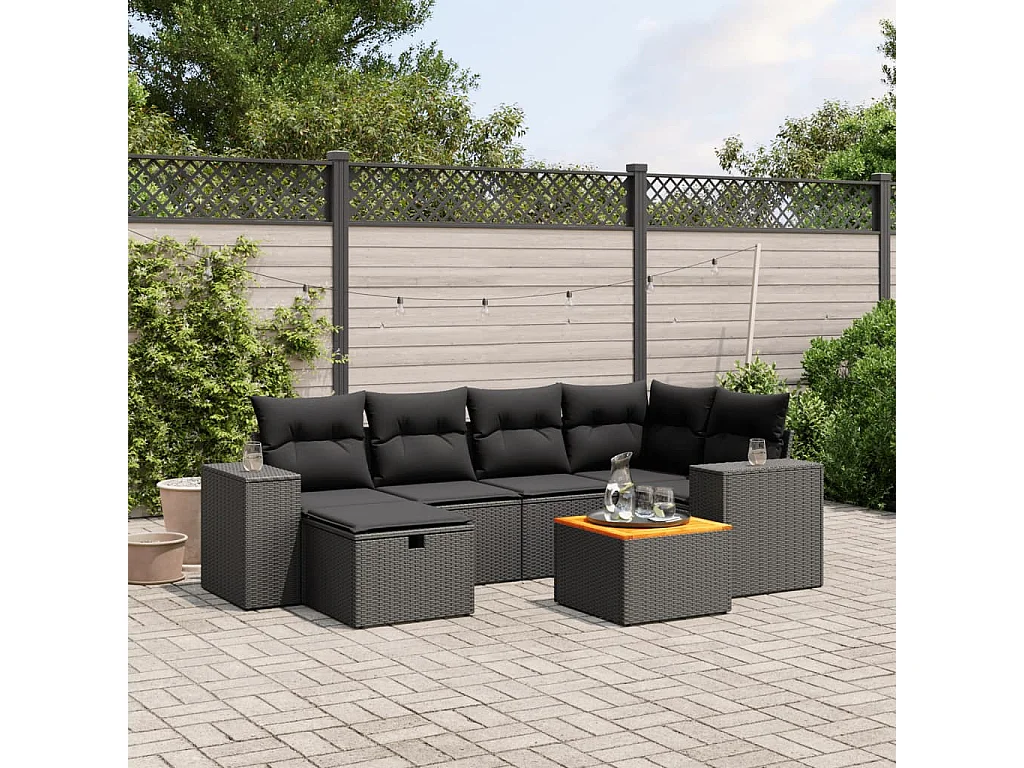 Salon de jardin 7 pcs avec coussins noir résine tressée