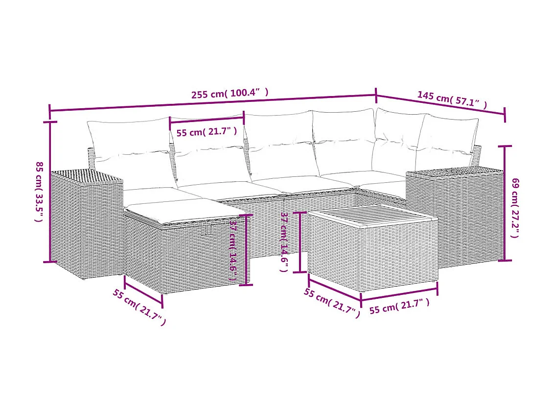 Salon de jardin 7 pcs avec coussins noir résine tressée