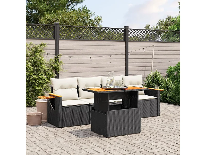 5-tlg. Garten-Sofagarnitur mit Kissen Schwarz Poly Rattan