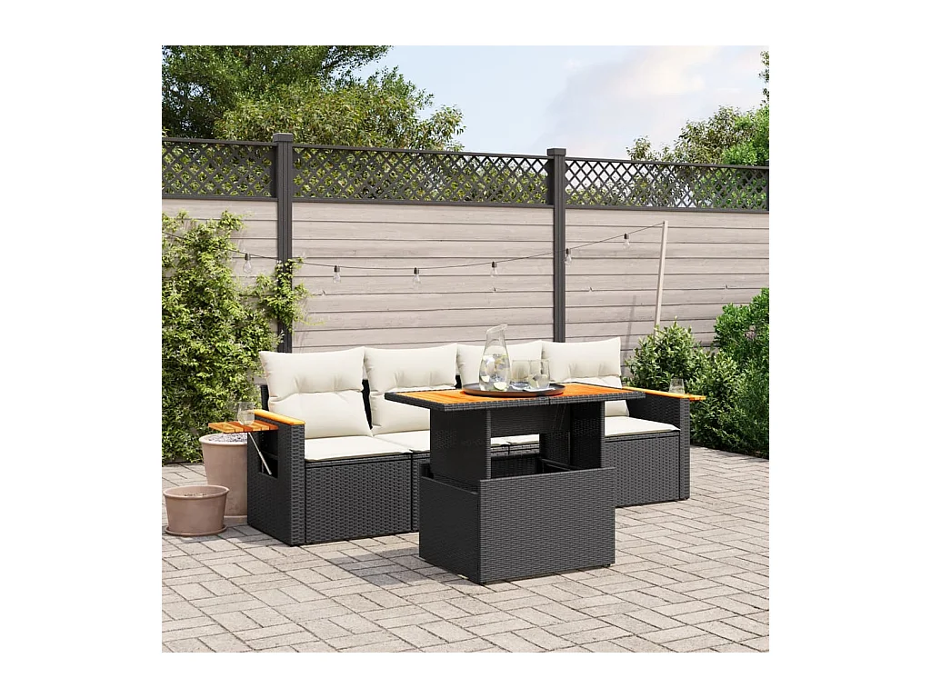 Salon de jardin 5 pcs avec coussins noir résine tressée