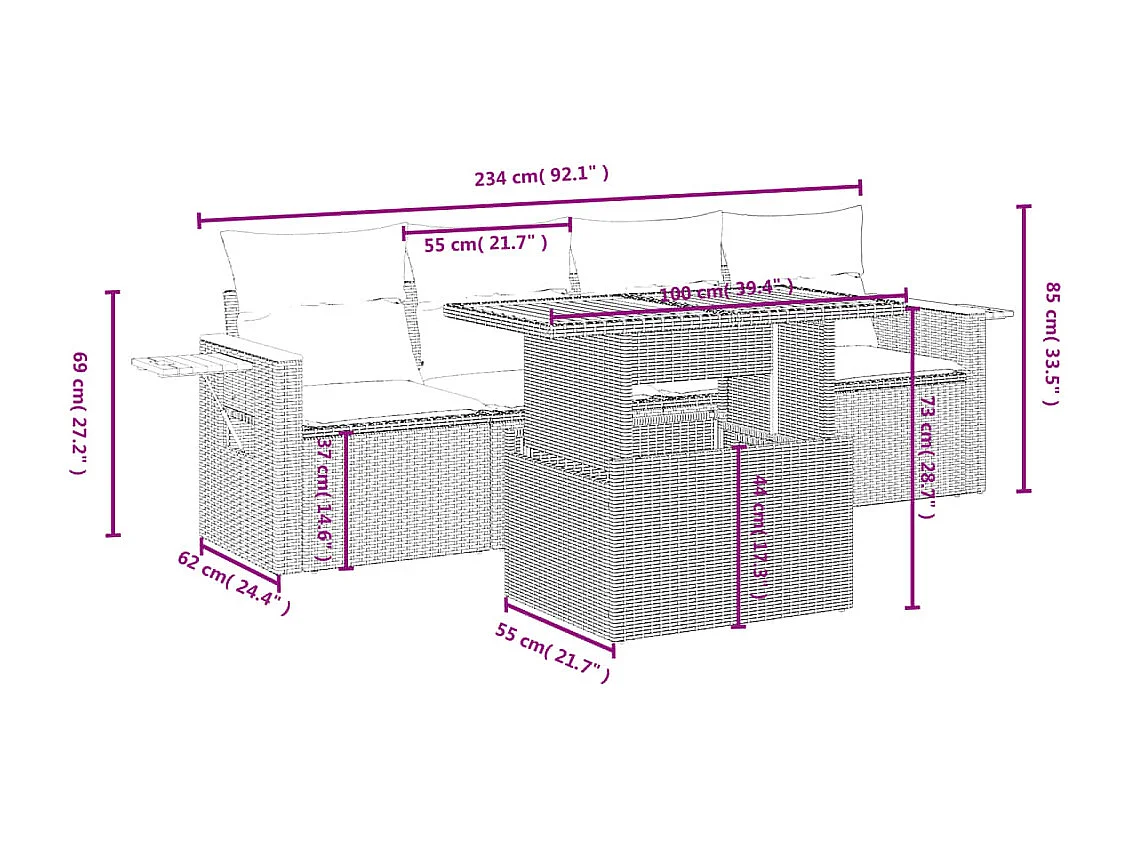 Salon de jardin 5 pcs avec coussins noir résine tressée