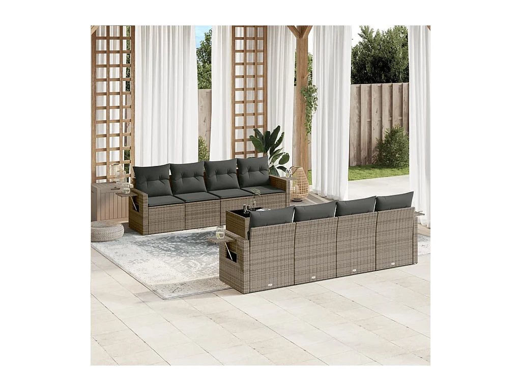 9-delige Loungeset met kussens poly rattan grijs