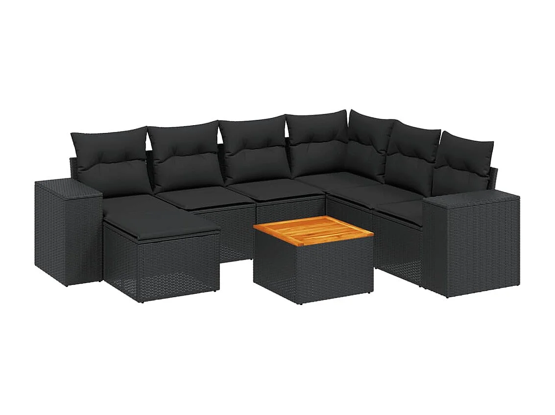 8 pcs conjunto sofás de jardim com almofadões vime PE preto